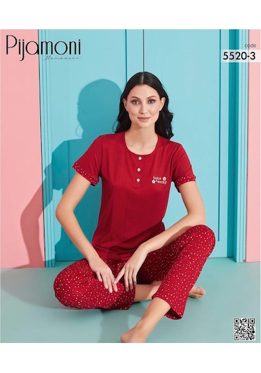 Pijamoni Kadın Viskoz Likralı Düğme Yaka Kaşkorse Patlı Kısa Kol Pijama Takımı 5520-3 / 1 Adet Kırmızı