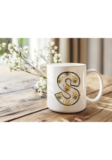 S Harfi Arı Desenli Kupa - Sevimli Hayvan Temalı Kişiye Özel Kahve Kupası - Şans Kupası Beyaz