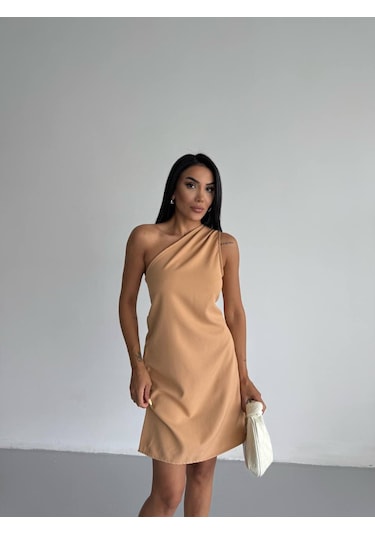 Trendhazan A Kalite Tek Omuz Double Kumaş Mini Elbise Vizon