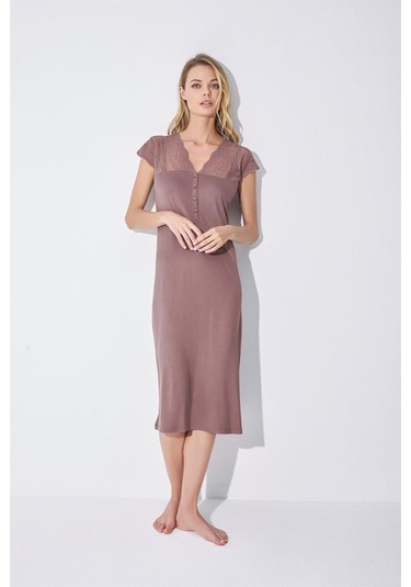 Monamise Kadın Yakası Kolu Ve Omzu Brode Dantelli Önü Düğmeli Gecelik 18511-kahve Kahverengi