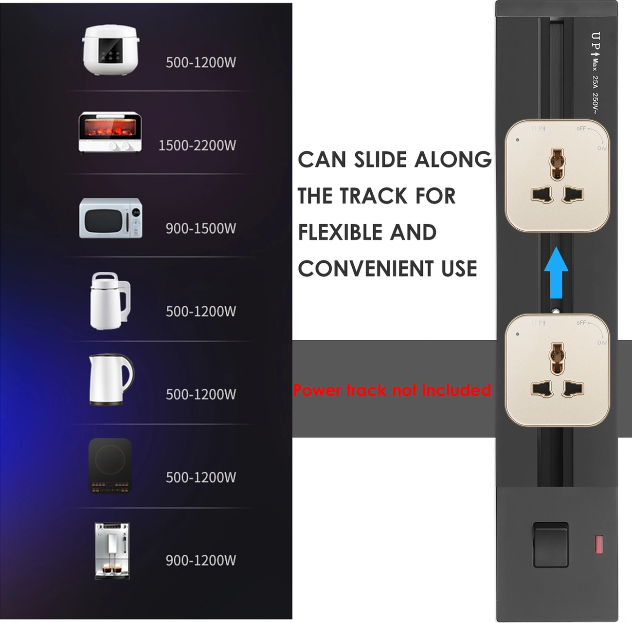 Youtek Altın Renkli Akrilik Uçaklı Tabanlı 3-pin Evrensel Tak Adaptörü - Kaydırılabilir Elektrik Rayı Uyumlu, Kolay Kurulum, Ev/ofis Kullanıma Uygun Altın