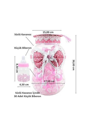 Süslü Büyük Kavanoz ve Biberon Seti. 30 Adet. Pembe
