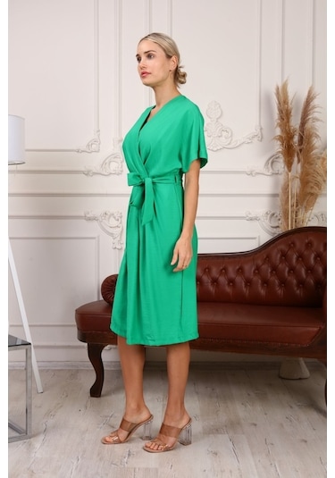 Aymeravm - Beli Kuşaklı V Yaka Kadın Elbise - Mas0820Ga Yeşil
