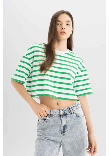 Defacto Coool Fitted Çizgili Kısa Kollu Tişört A9046AX24SMGN689 Yeşil