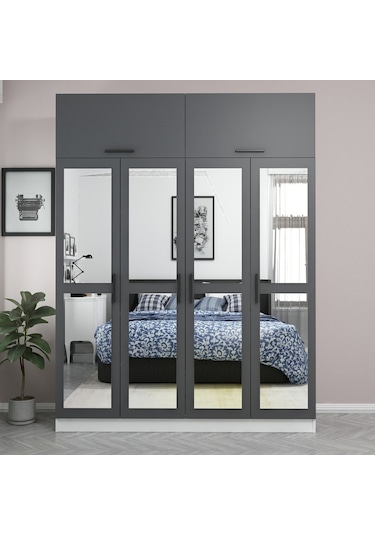 Minar Kale 4 Kapaklı 4 Aynalı 2 Ç Dolap Ve Yüklük Beyaz Antrasit 255cm
