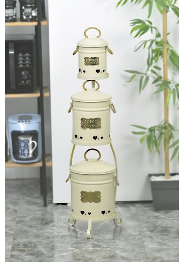 Metal Standlı 3 Katlı Patates Soğan Sarımsak Saklama Kova Krem