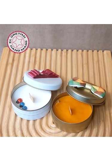 Uretti - Ayşe 7362 6831 El Yapımı 2'li Egzotik Orman Ve Okaliptus Metal Kutuda Mum - 3 X 7 Cm Beyaz - Turuncu
