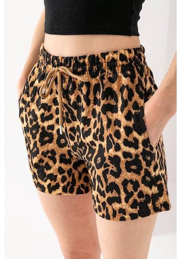 Giysa Kadın Beli Ayarlanabilir Çift Cepli Desenli Şort Leopar - 10047 Leopar