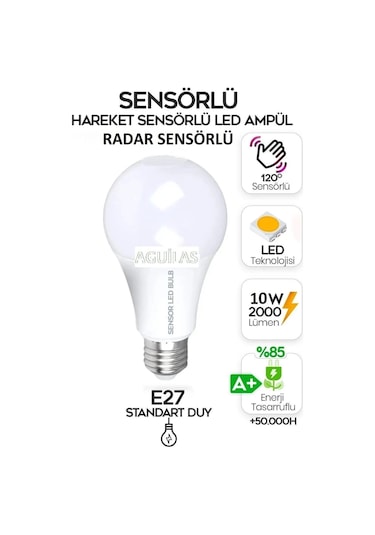 Sensörlü Led Ampül Hareket Algılayıcılı E27 Duy 10 Watt 2000 Lümen Hareket Sensörlü Led Lamba Işık