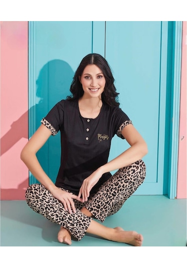Pijamoni Kadın Viskoz Likralı Düğme Yaka Kaşkorse Patlı Kısa Kol Pijama Takımı 5520-1 / 1 Adet Siyah