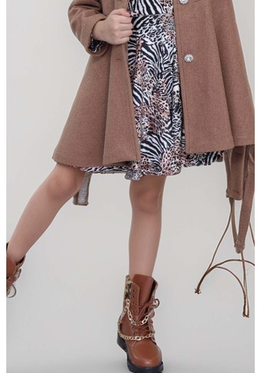 Riccotarz Kız Çocuk Leopar Desen Elbise Taş İşleme Yaka Boydan Düğme Ve Kemer Detaylı Kahverengi Kaşe Kaban Kahverengi