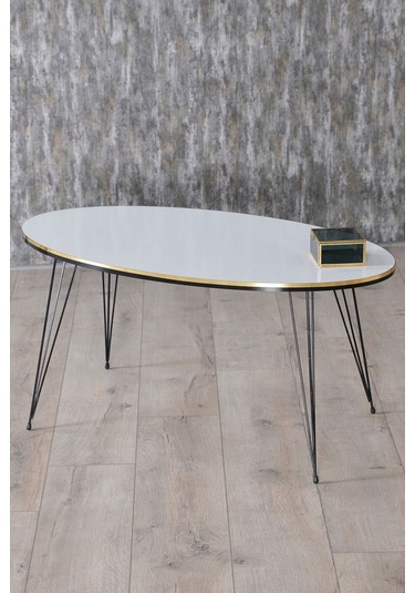 Orta Sehpa Elips Siyah Tel Ayak Çift Altın Beyaz Beyaz