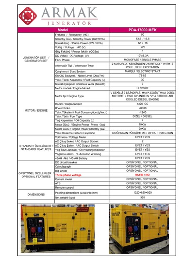 Armak PDA17000MEK 16.5 KVA Dizel Monfaze Kabinli Portatif Jeneratör