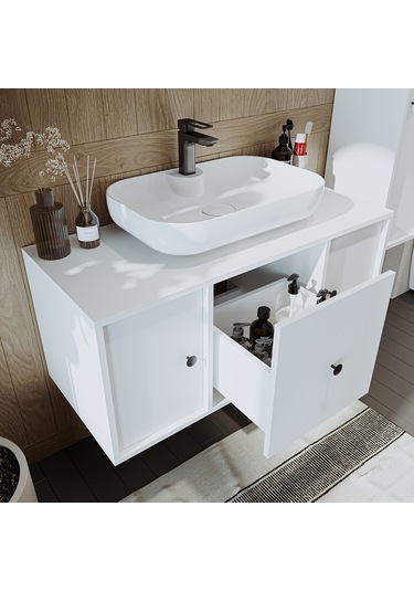 Lavabolu Mat Mdf 105 Cm Çekmeceli Banyo Dolabı + Aynalı Dolap Mat Beyaz