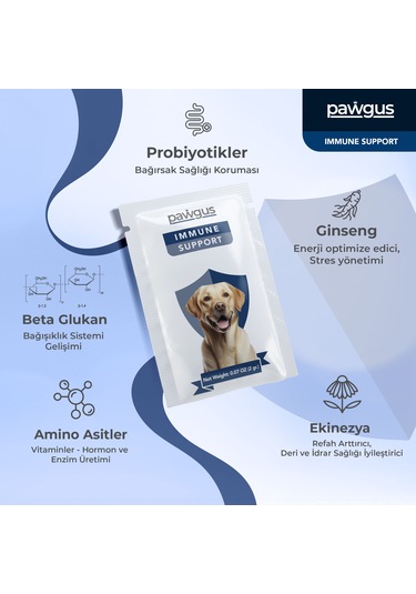 Pawgus Veteriner Serisi Köpekler Için Immune Bağışıklık Kuvvetlendirici Günlük Vitamin Desteği 30 x 2 G
