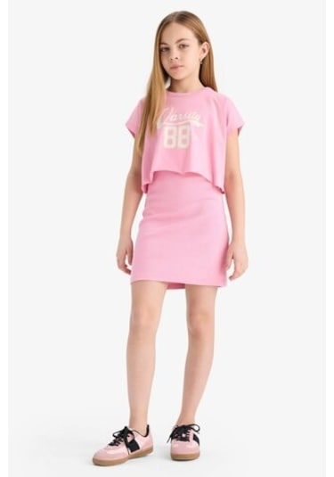 DeFacto Kız Çocuk 2'li Takım Bisiklet Yaka Tişört Fitilli Kaşkorse Elbise B4496A825SMPN82