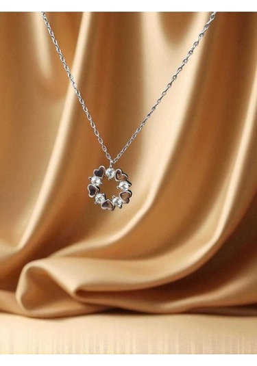 Taşlı Kalp Yapraklı Çiçek Figürlü 925 Ayar Gümüş Kolye Zarif Ve Işıltılı Tasarım Gümüş