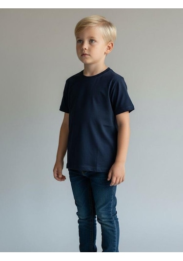 Zekids Çocuk Pamuklu Basic Yuvarlak Yaka T-shirt-16714 Lacivert