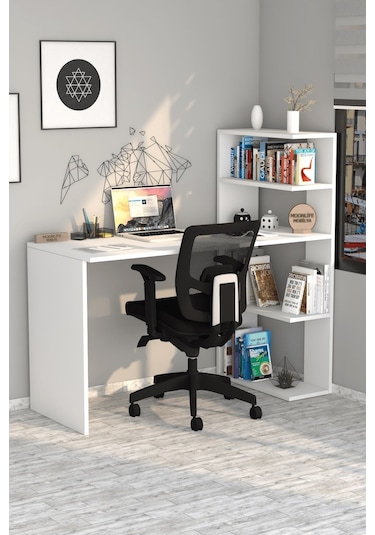 Moonlife Çınar Raflı Kitaplıklı Çalışma Masası Beyaz