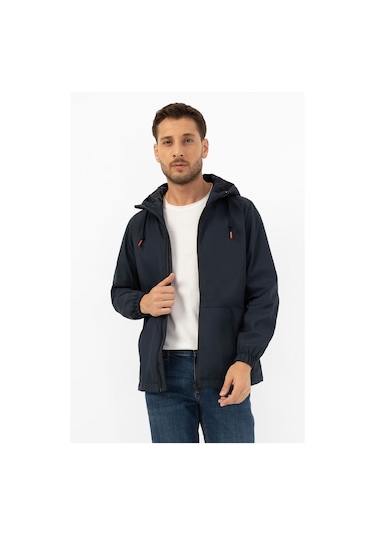 Erkek Lacivert İçi Astarlı Kanguru Cepli Su Ve Rüzgar Geçirmez Kapüşonlu Cepli Yağmurluk Lacivert