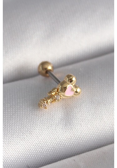 Bfs 316l Çelik Gold Renk Zirkon Taş Detay Pembe Kalp İşleme Tragus Piercing Çok Renkli