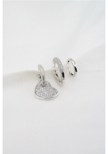 Kadın Altın Kaplama Zirkon Taşlı Kalp Figürlü 3'lü Küpe Seti - Gümüş