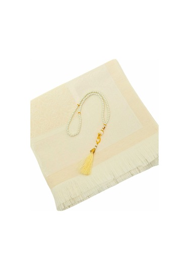 Premium Osmanlı Desen Seccade Ve Vavlı İnci Tesbih Set , Kadınlar Erkekler İçin Beyaz