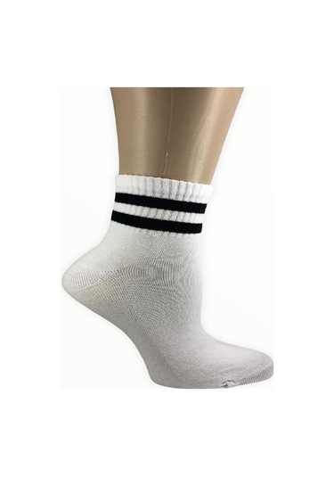 Design Socks KADIN PAMUKLU ÇİZGİ DESENLİ YARIM KONÇ ÇORAP-Beyaz