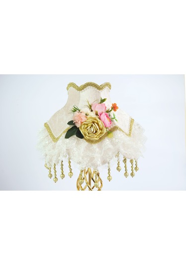 İki Adet Çiçek Dekorlu Abajur Gold Beyaz Klasik Model Beyaz