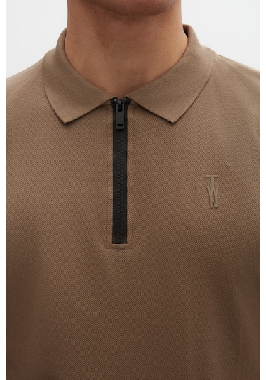 Twn Slim Fit Vizon Pike Dokulu Yarım Fermuarlı Polo Yaka T-shirt 4ec14ortfrplo Vizon