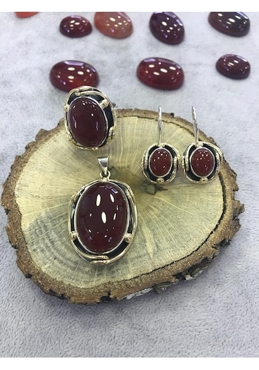 Akik Taşlı El Işi Gümüş Set 925 Ayar (380210604)