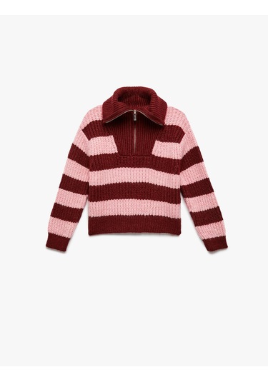 Koton Uzun Kollu Fermuarlı Yarım Yaka Çizgili Triko Kazak Pınk Strıpe 6wkg90046ht Pembe Çizgili