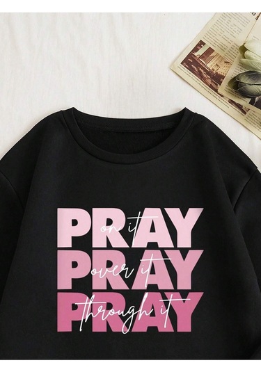 Pray Sweatshirt - Siyah Baskılı Oversize Bisiklet Yaka Siyah