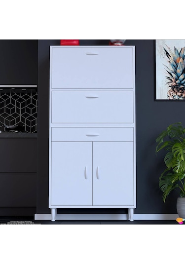 Modilayn Vio 70x163,4x32,5 Cm Yeni Çekmeceli, Kapaklı, Ekmeklikli, Çok Amaçlı Mutfak Dolabı. Beyaz