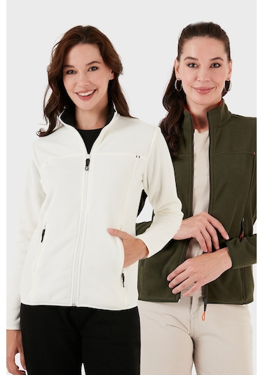 Lela Slim Fit Anti-Pilling Tüylenme Yapmayan Fermuarlı Cepli Hırka 2' Li Paket Bayan Polar 5907002S2 Ekru-Haki