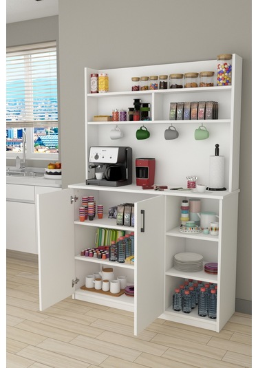 %100 Mdflam Kahve Köşesi Çok Amaçlı Mutfak Dolabı Kahve02 Beyaz Beyaz