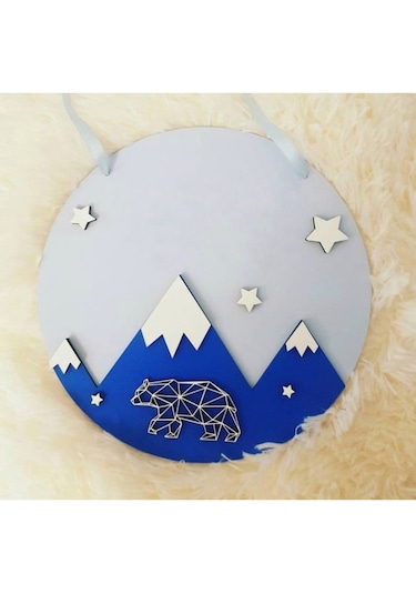 Hdrlazerdizayn Ahşap Dağ Ve Geometrik Kutup Ayısı Figürlü Kapı Ve Duvar Süsü Çok Renkli