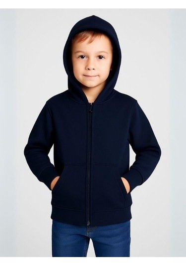 Çocuk Fermuarlı İnce Mevsimlik Basic Kapüşonlu Okul Hırkası-16092 Lacivert