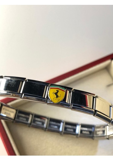 Erkek Kadın Çelik Bileklik - Ferrari Logo Model Italy Nomi Charm Sevgiliye Eşe Babaya Gümüş