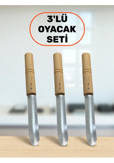 3'lü Set Ahşap Saplı Patlıcan & Kabak Dolma Oyacağı Paslanmaz Çel