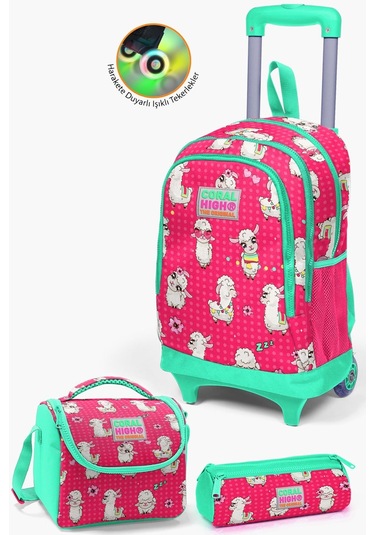 Coral High Kids Neon Mercan Su Yeşili Alpaka Desenli Çekçekli 3'lü Çanta Seti Set0123364