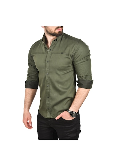 Deepsea Erkek Haki Slim Fit Pamuklu Kot Gömlek Kolay Ütülenebilir Çıt Çıtlı Likralı Spor Gömlek 2502504 Haki
