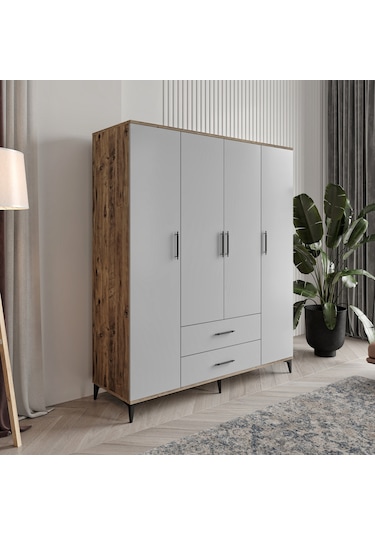 Afilliurla 4 Kapaklı 2 Çekmeceli Gardrop Tamamı Mdf Atlas Çam...