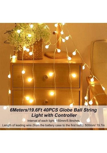 Hfambition 6m 40 Led Usb Kumlanmış Beyaz Top Işık Zinciri, Kumanda Kontrol, 3 Parlaklık Seviyesi, 8 Işık Efekti, 6 Saat Açık/18 Saat Kapalı