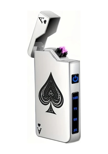 Techbloom Silvery A Rüzgar Geçirmez Çift Ark Çakmak Usb C Şarjlı Çakmak Maça Ası Tasarımı Kamp Hediye Açık Gri