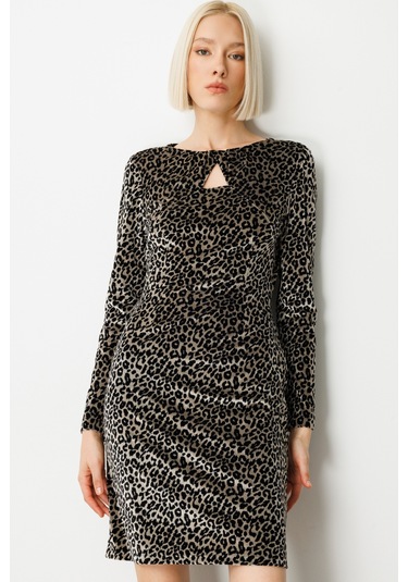 Ekol Kadın Leopar Desenli Mini Kadife Elbise 4037 Siyah Siyah