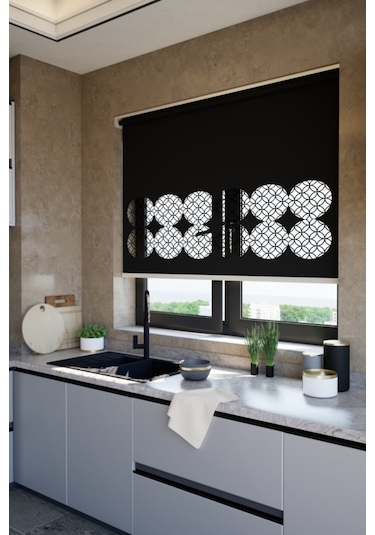 Lazer Kesim Mat Stor Perde, Lazer Kesimli Klasik Serisi, C-141008 Siyah Renk Siyah