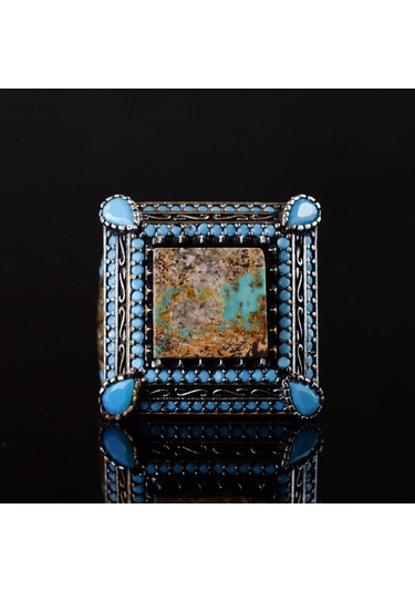 Doğal Turkuaz Taş Yüzük, Kare Tasarım - 925 Ayar Gümüş Erkek Yüzüğü, El Yapımı Şıklık Gümüş