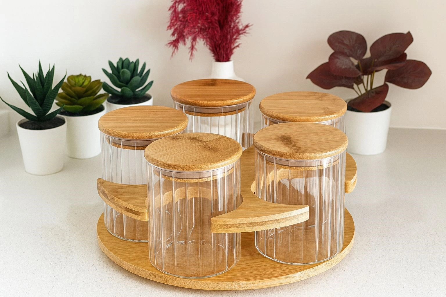 Qerhome Borosilikat Cam Bambu Standlı 360 Derece Dönerli 5'li Baharatlık Seti 390 Mlx5 Alg Beyaz