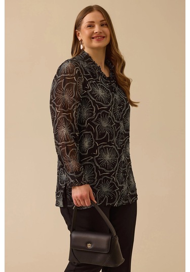 Galaxi Kadın Büyük Beden Çiçek Desenli Şifon Gömlek 4016 Siyah Siyah
